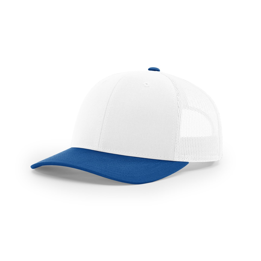 Richardson 112 blank hat in White/Royal — front angled view