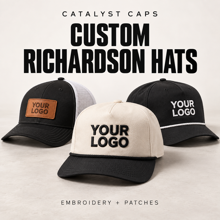 Catalyst Caps custom Richardson hats with embroidery and leather patch logo examples