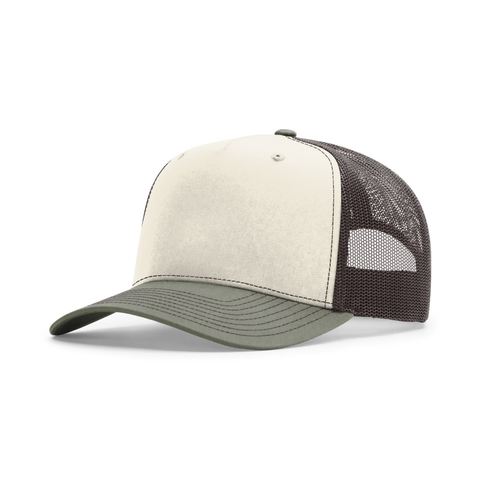 Richardson 112FPC blank hat in Birch/Brown/Loden — front angled view