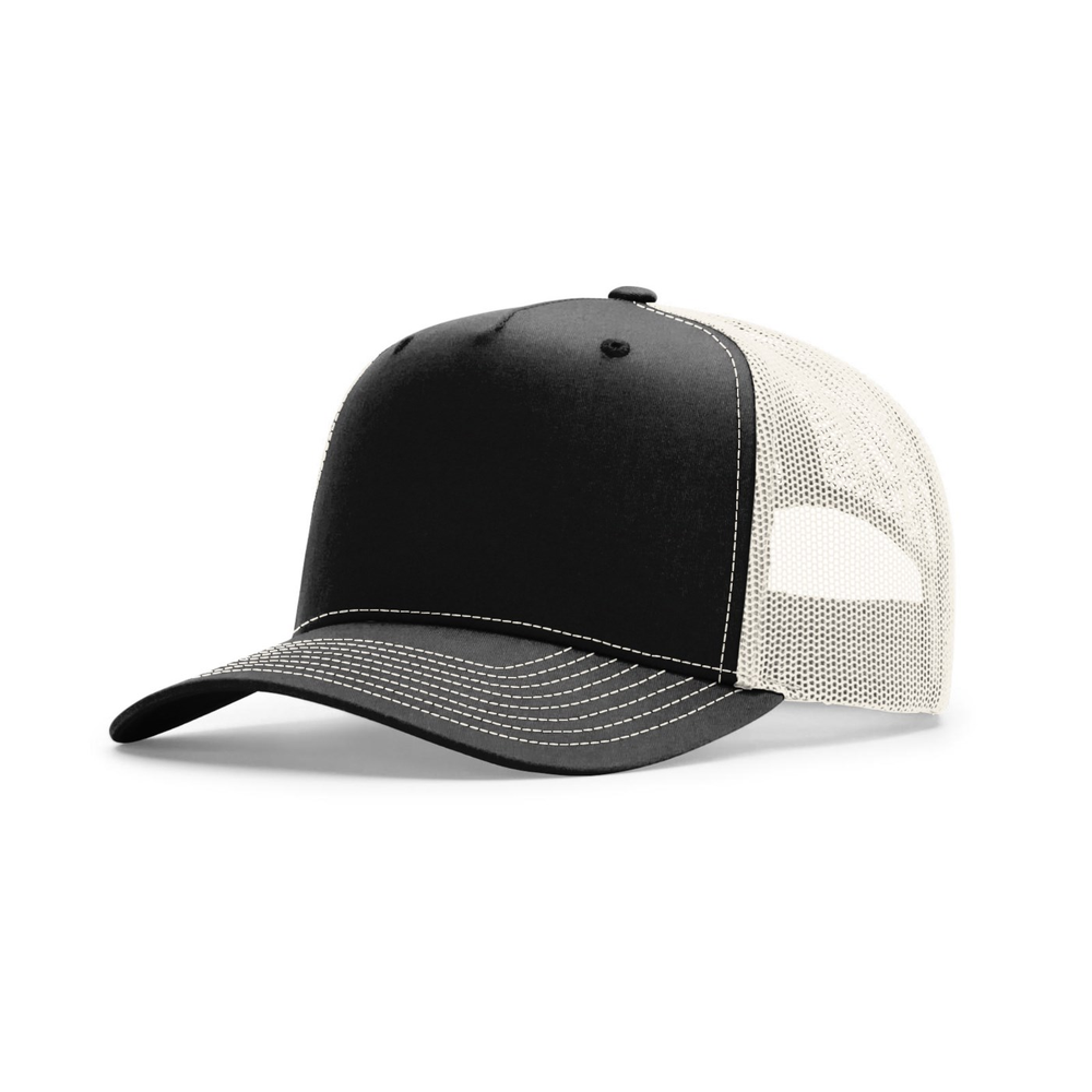 Richardson 112FPC blank hat in Black/Birch — front angled view