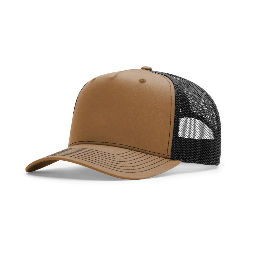 Richardson 112FPC blank hat in Caramel/Black — front angled view