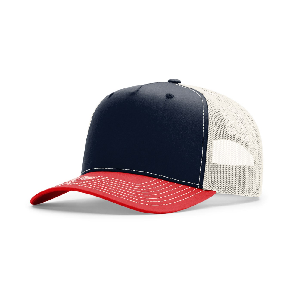 Richardson 112FPC blank hat in Navy/Birch/Red — front angled view