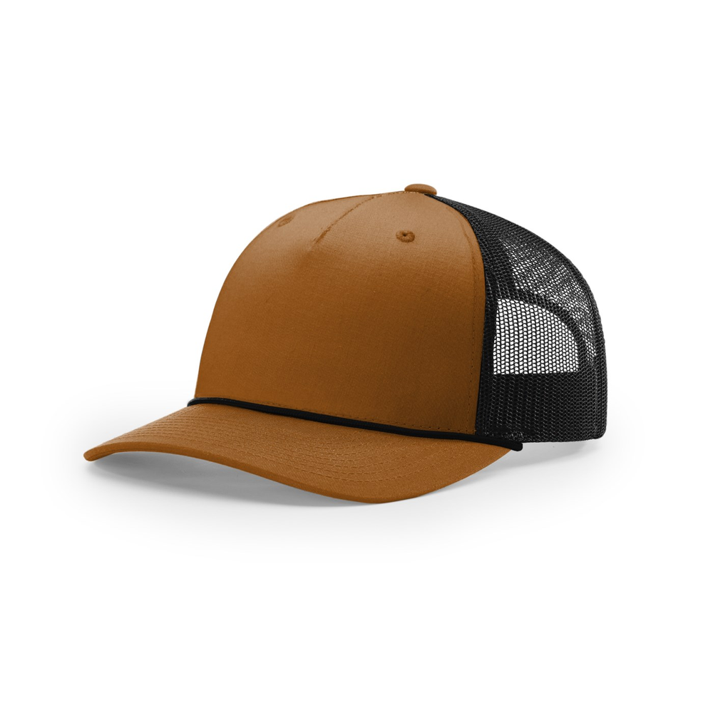 Richardson 112FPR blank hat in Caramel/Black/Black — front angled view