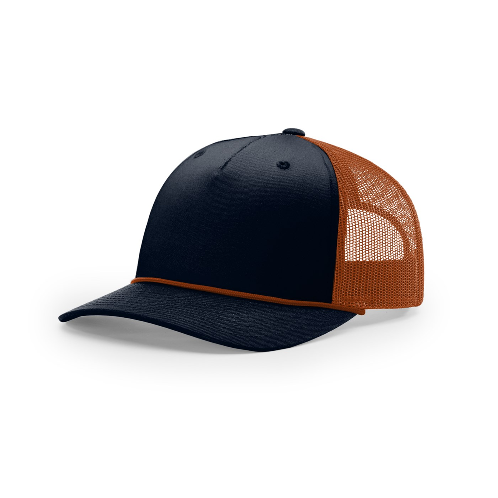Richardson 112FPR blank hat in Navy/Dark Orange/Dark Orange — front angled view