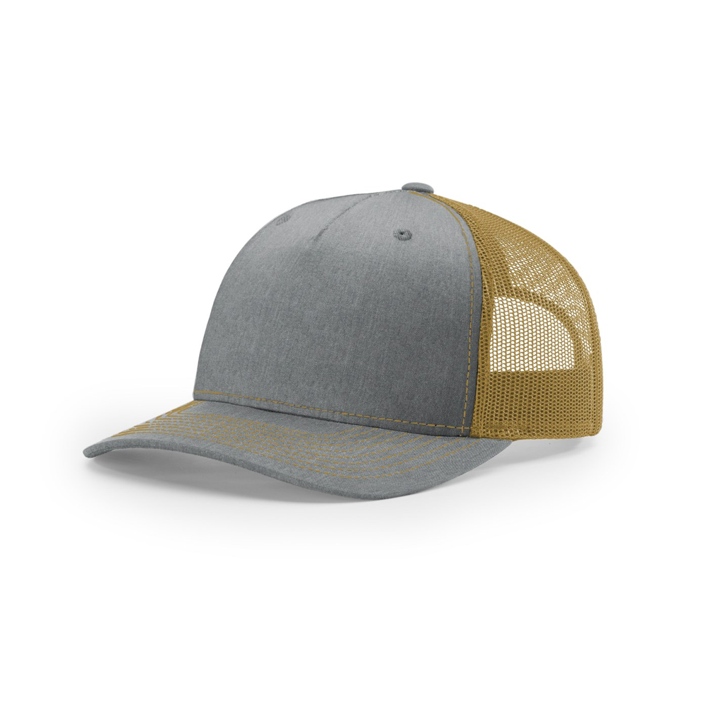 Richardson 112FP blank hat in Heather Grey/Amber Gold — front angled view