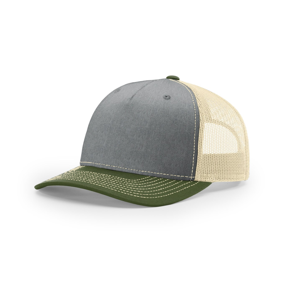 Richardson 112FP blank hat in Heather Grey/Birch/Army Olive — front angled view