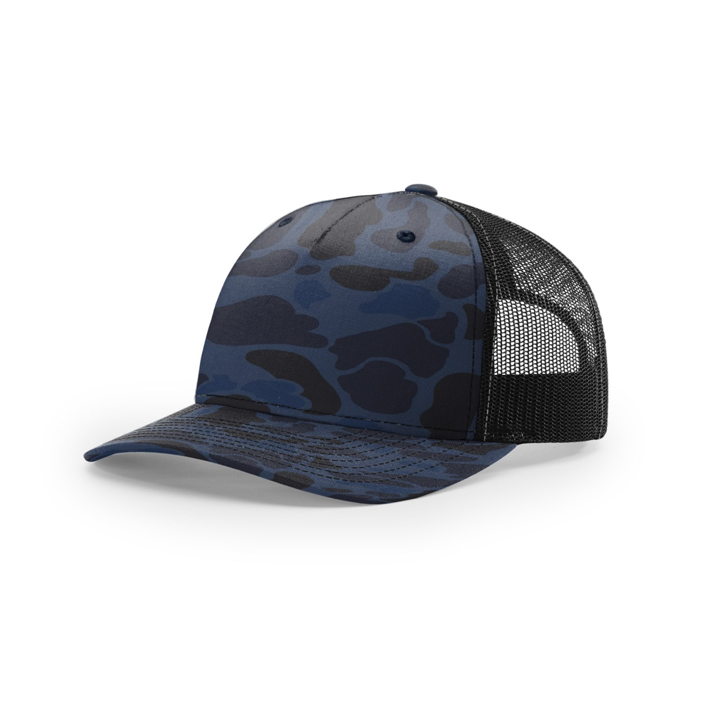 Richardson 112PFP blank hat in Admiral Duck Camo/Black — front angled view