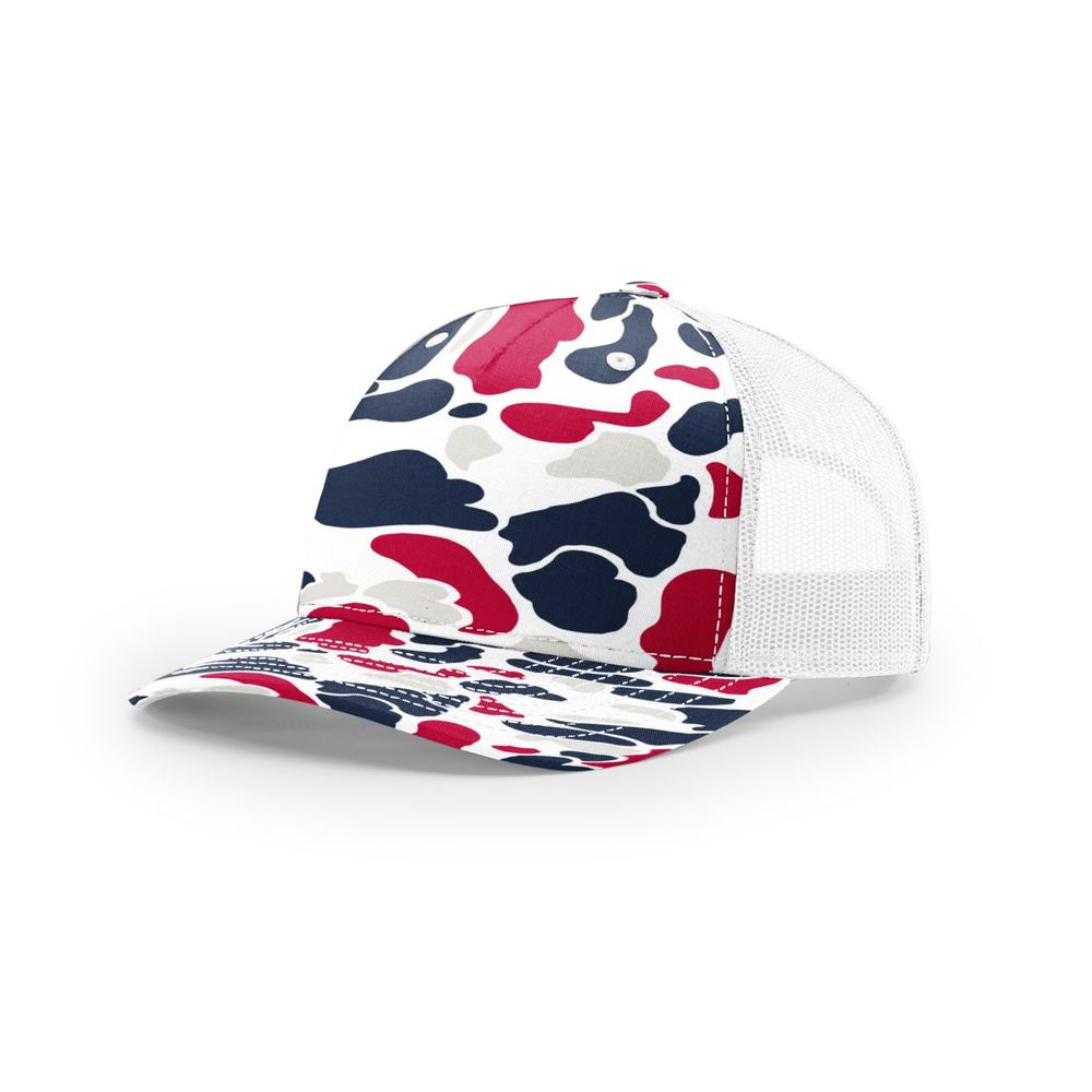 Richardson 112PFP blank hat in Americana Duck Camo/White — front angled view