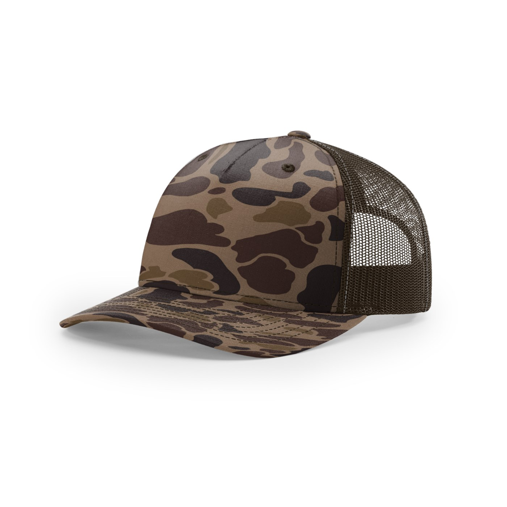 Richardson 112PFP blank hat in Bark Duck Camo/Brown — front angled view