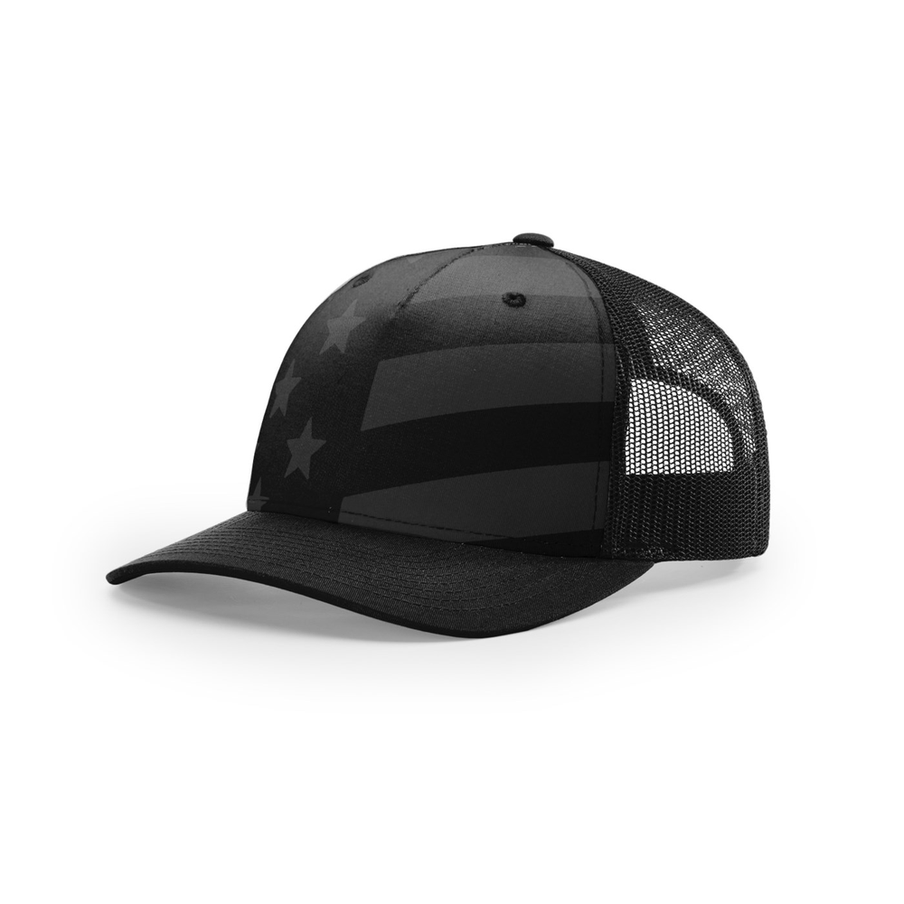 Richardson 112PFP blank hat in Black Tonal Stars & Stripes (Alternate) — front angled view