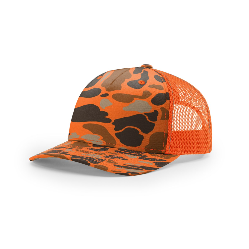Richardson 112PFP blank hat in Blaze Duck Camo/Blaze — front angled view