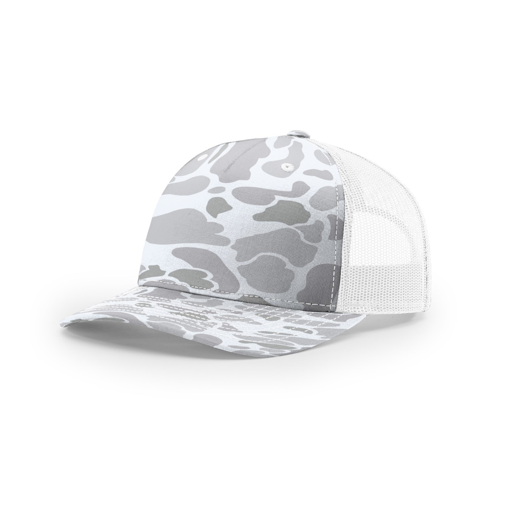 Richardson 112PFP blank hat in Blizzard Duck Camo/White — front angled view