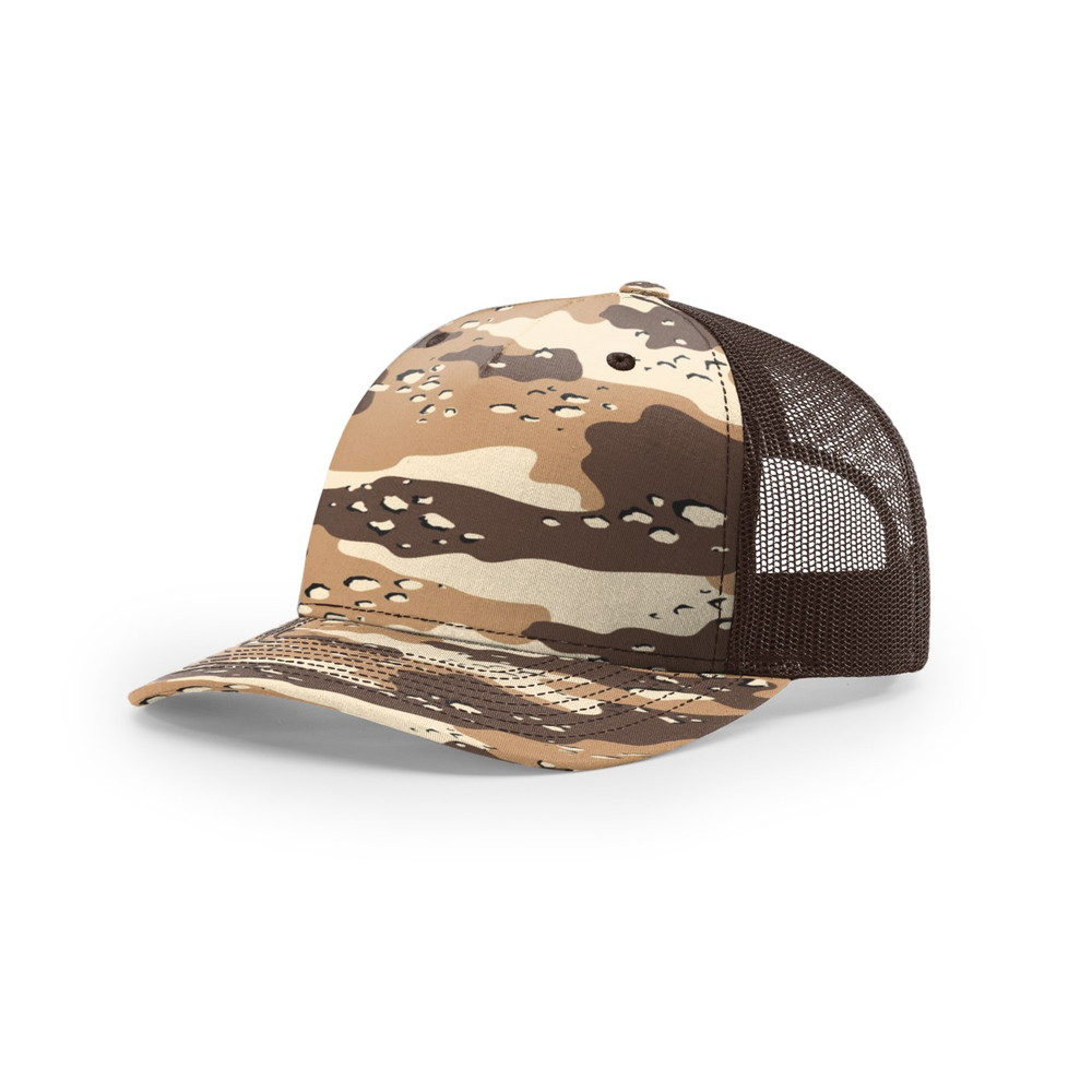 Richardson 112PFP blank hat in Desert Camo/Brown — front angled view