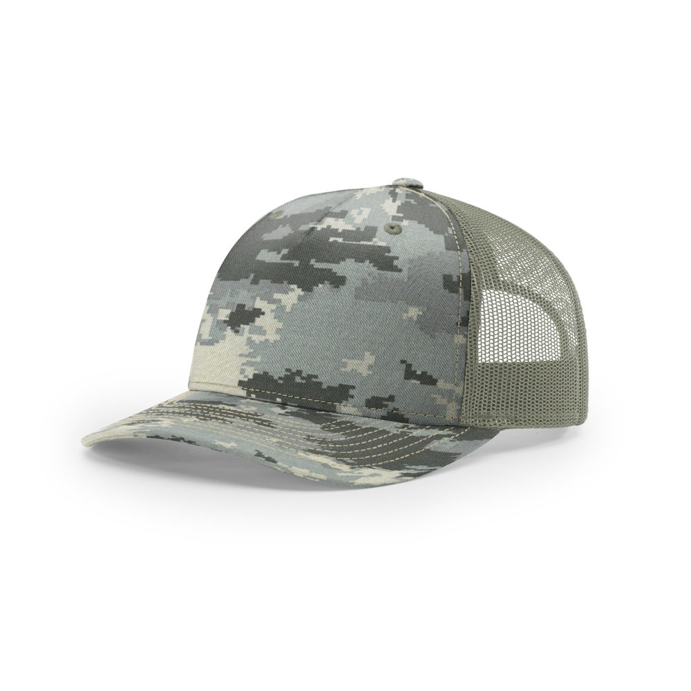 Richardson 112PFP blank hat in Digital Camo/Light Green — front angled view