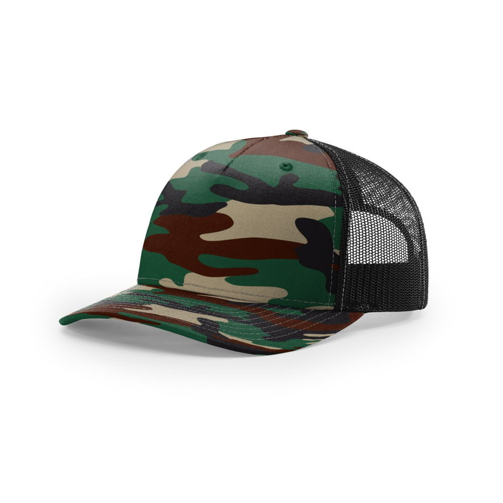 Richardson 112PFP blank hat in Green Camo/Black — front angled view