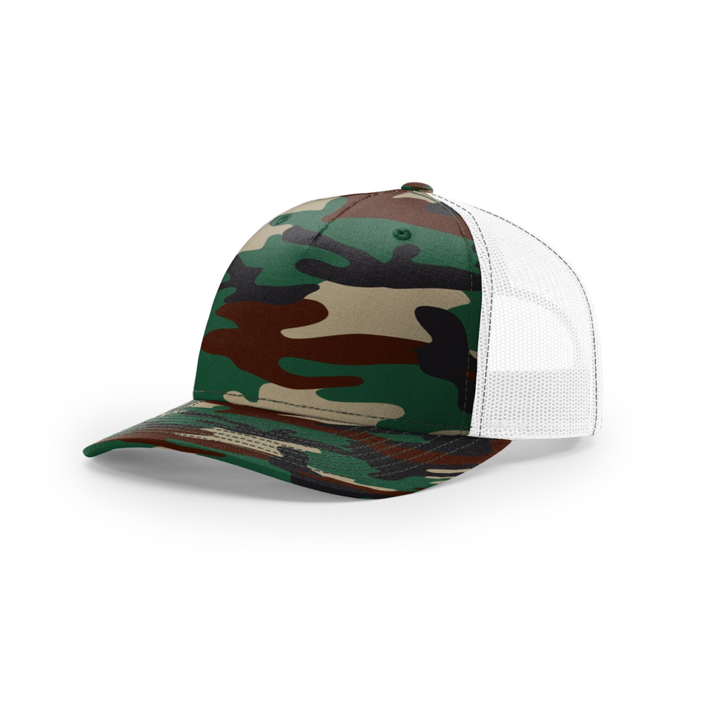 Richardson 112PFP blank hat in Green Camo/White — front angled view