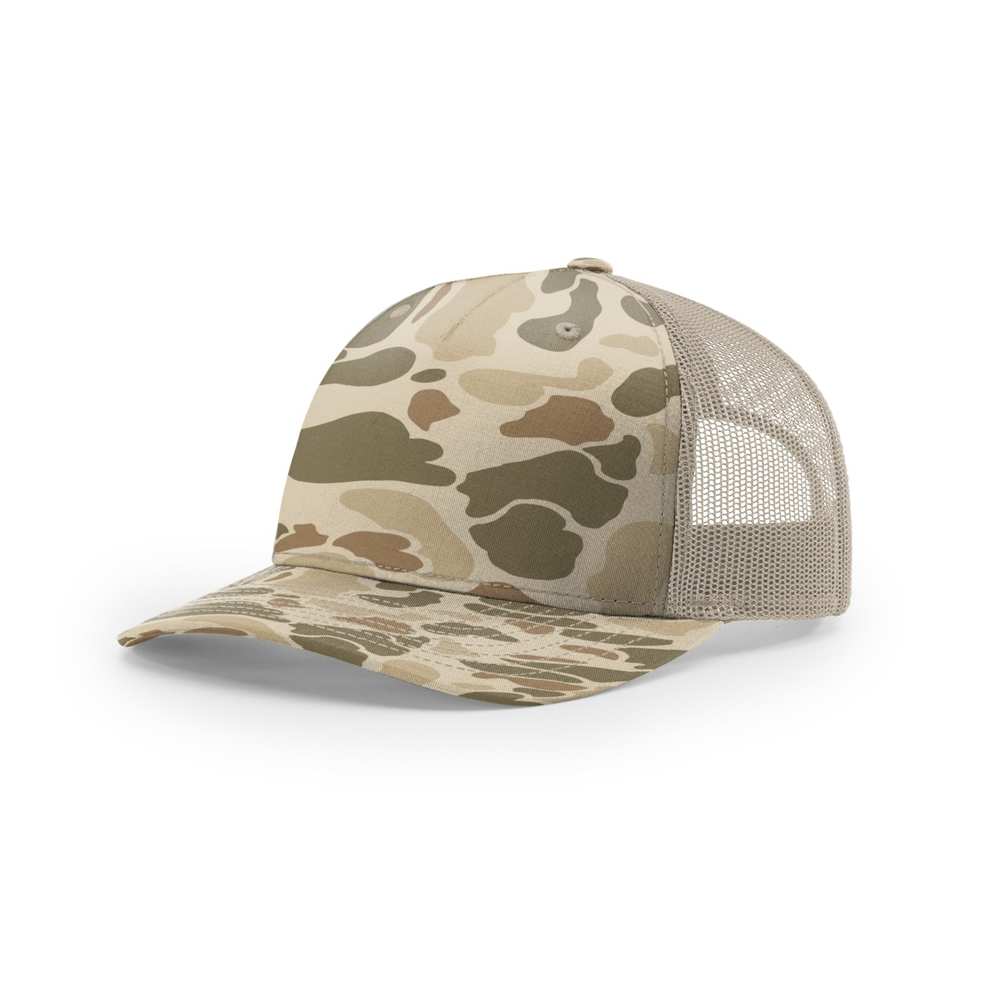 Richardson 112PFP blank hat in Harvest Duck Camo/Light Tan — front angled view