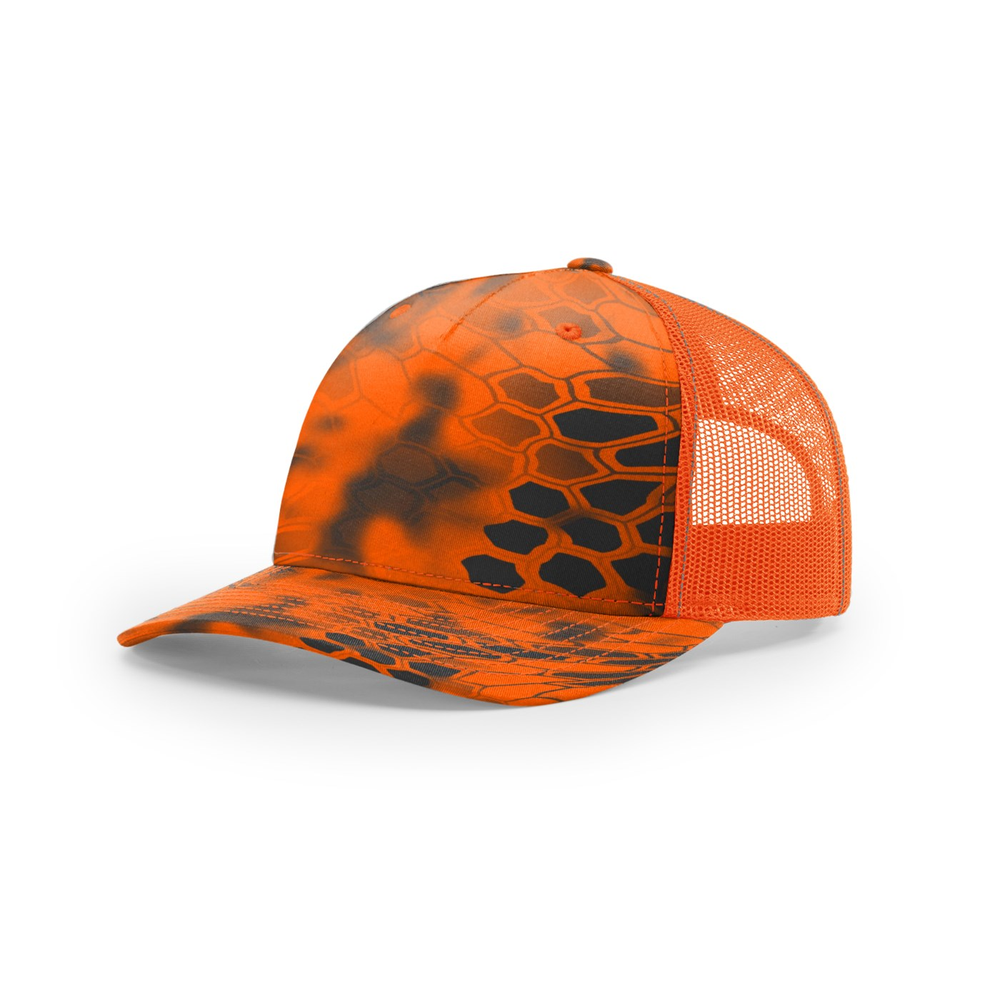 Richardson 112PFP blank hat in Kryptek Inferno/Blaze Orange — front angled view