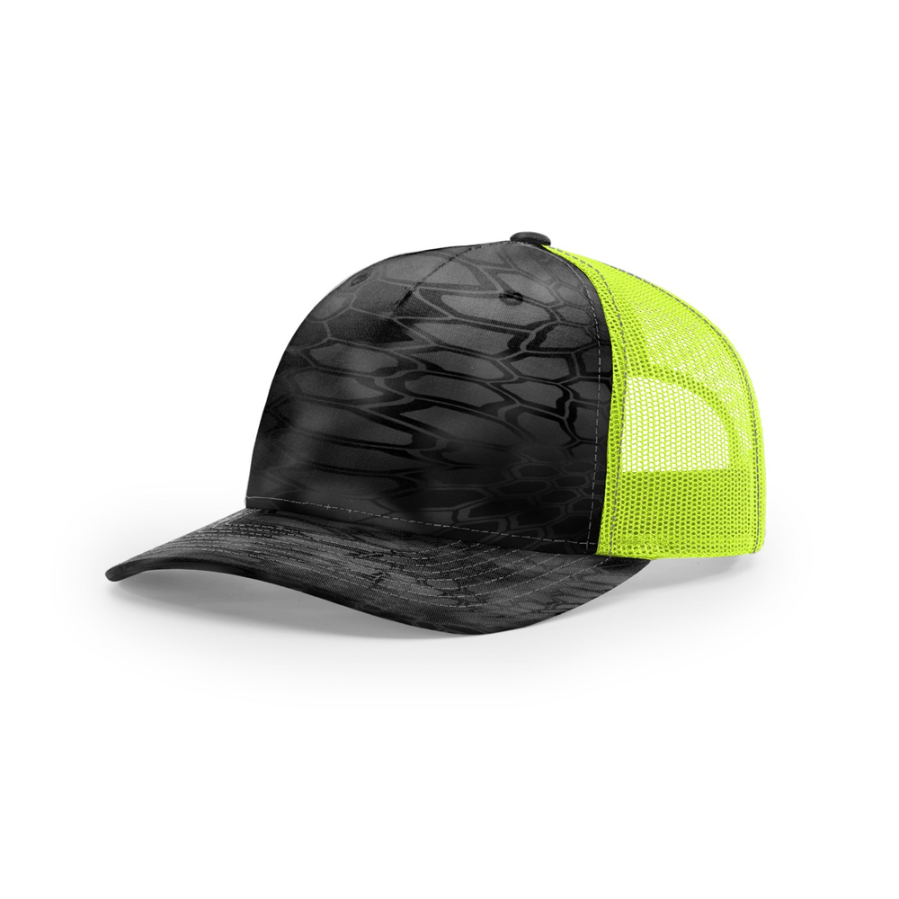Richardson 112PFP blank hat in Kryptek Typhon/Neon Yellow — front angled view