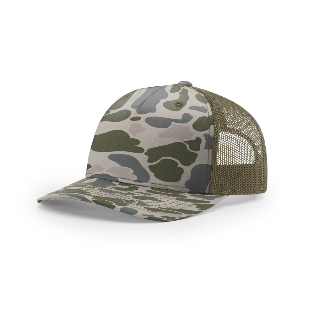 Richardson 112PFP blank hat in Marsh Duck Camo/Loden — front angled view