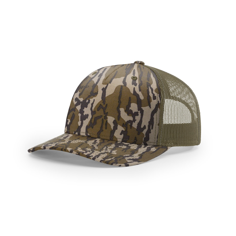 Richardson 112PFP blank hat in Mossy Oak Bottomland/Loden — front angled view