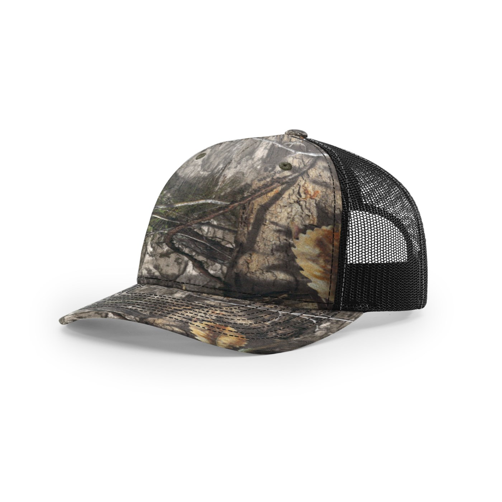 Richardson 112PFP blank hat in Mossy Oak Country DNA/Black — front angled view