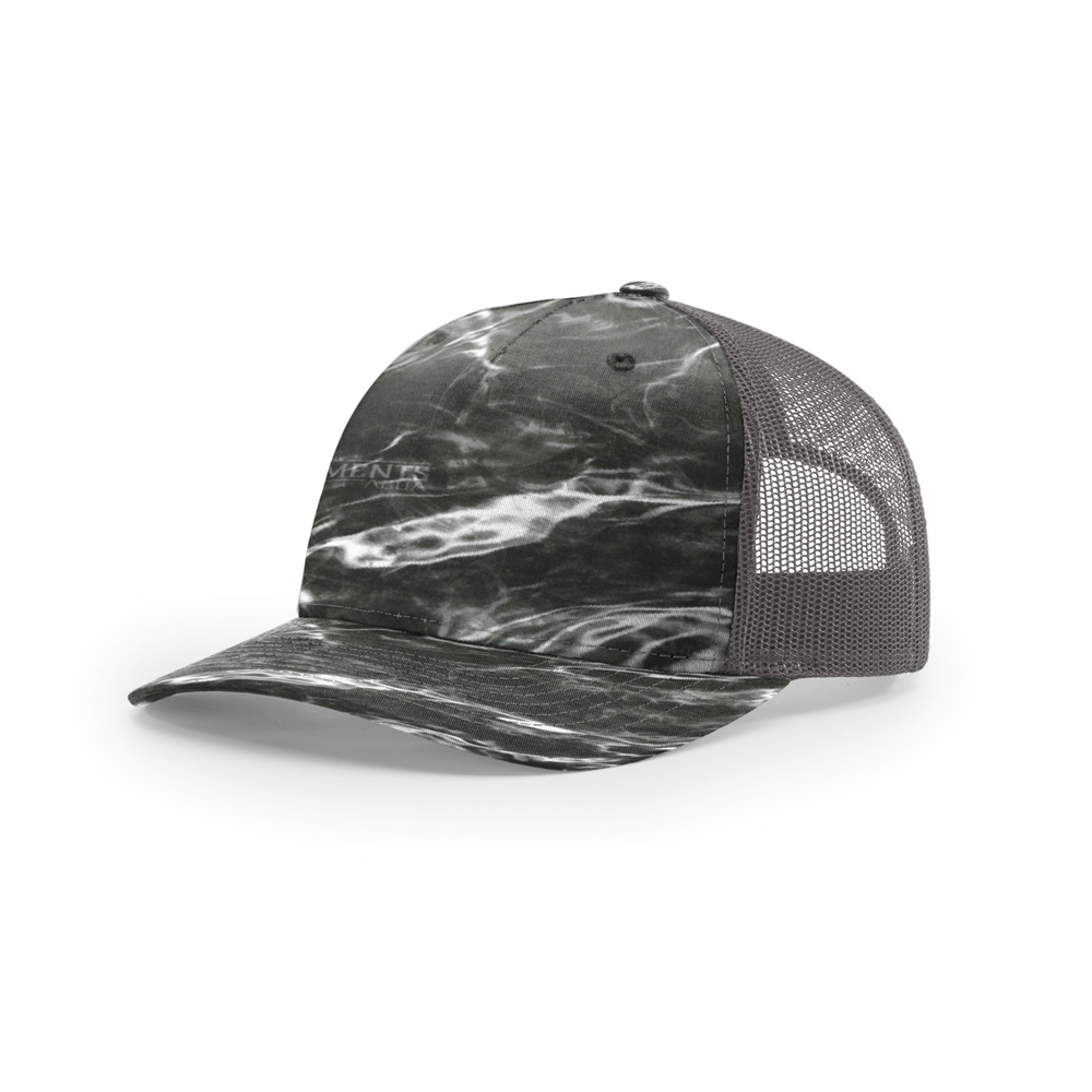 Richardson 112PFP blank hat in Mossy Oak Elements Blacktip/Charcoal — front angled view