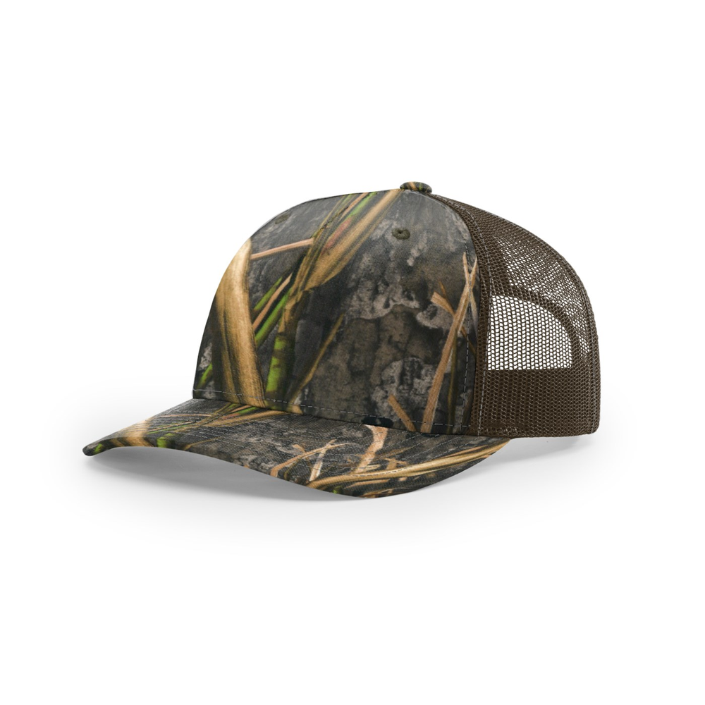 Richardson 112PFP blank hat in Mossy Oak Habitat/Brown — front angled view