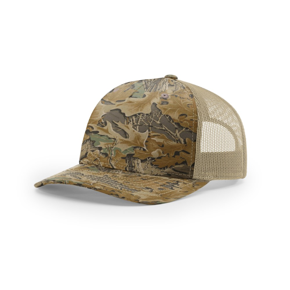 Richardson 112PFP blank hat in Realtree Advantage/Khaki — front angled view