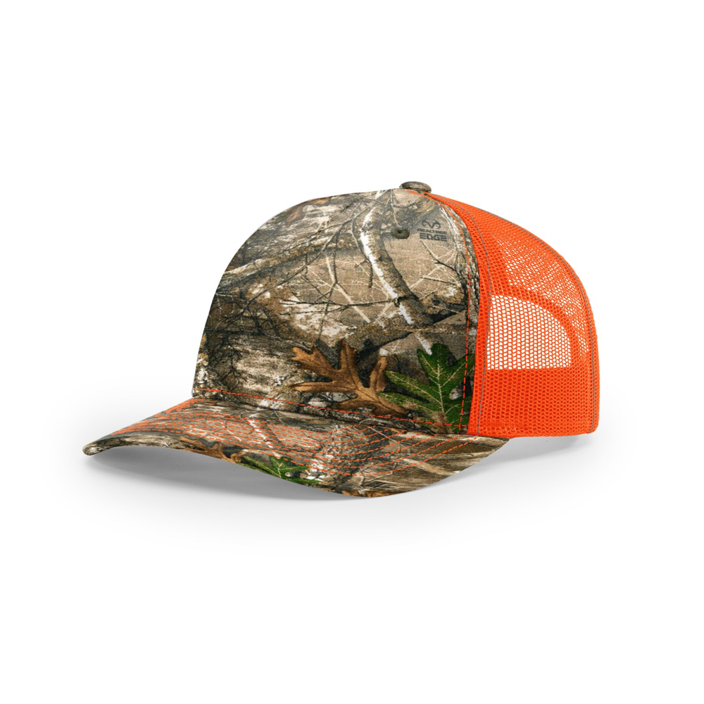 Richardson 112PFP blank hat in Realtree Edge/Blaze Orange — front angled view