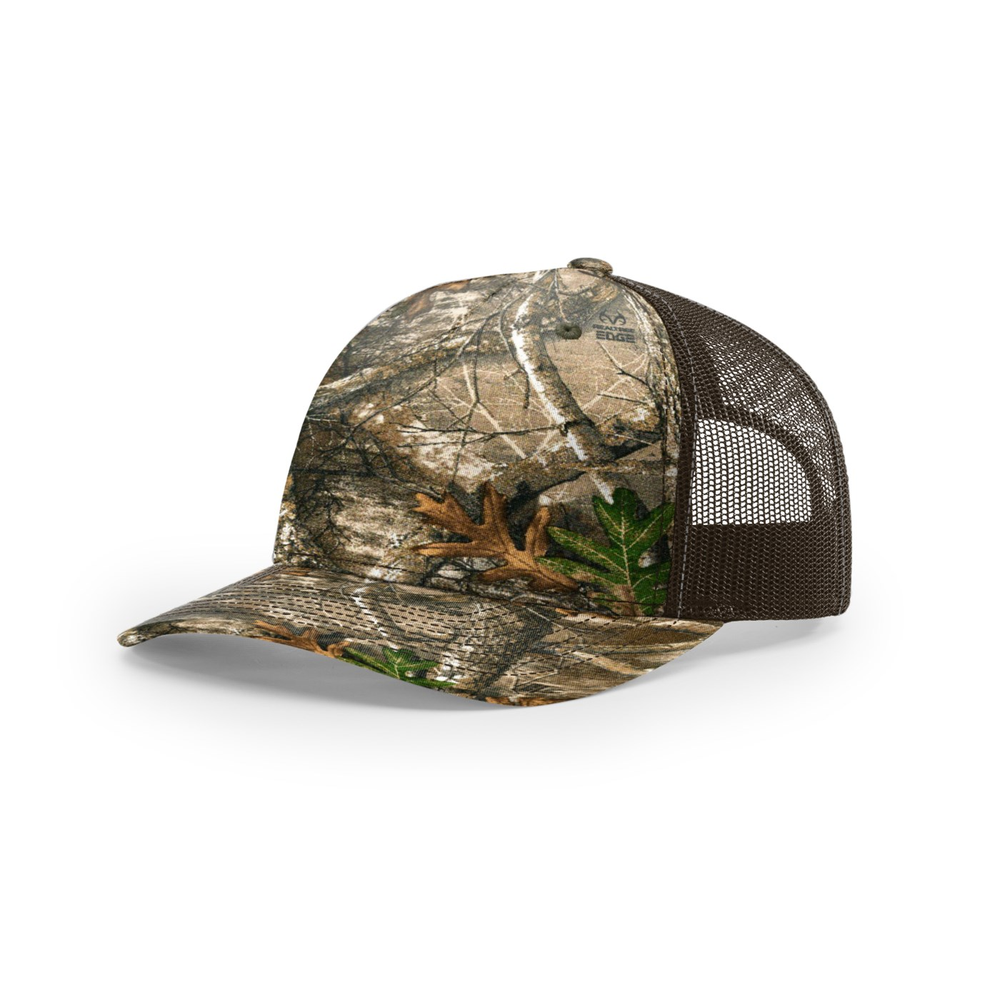 Richardson 112PFP blank hat in Realtree Edge/Brown — front angled view