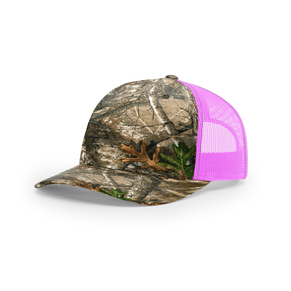 Richardson 112PFP blank hat in Realtree Edge/Neon Pink — front angled view