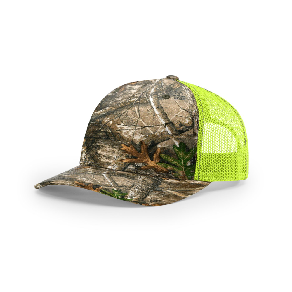 Richardson 112PFP blank hat in Realtree Edge/Neon Yellow — front angled view