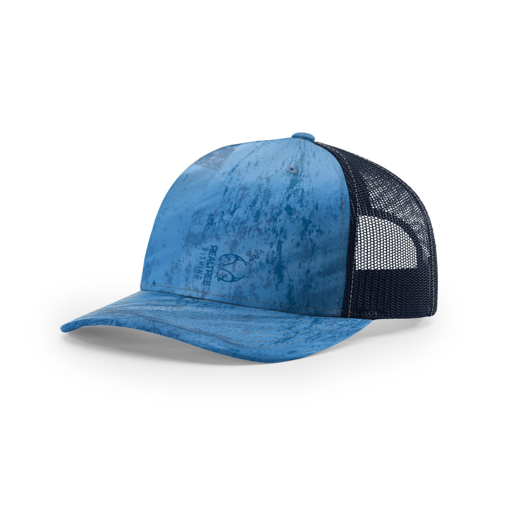 Richardson 112PFP blank hat in Realtree Fishing Light Blue/Navy — front angled view