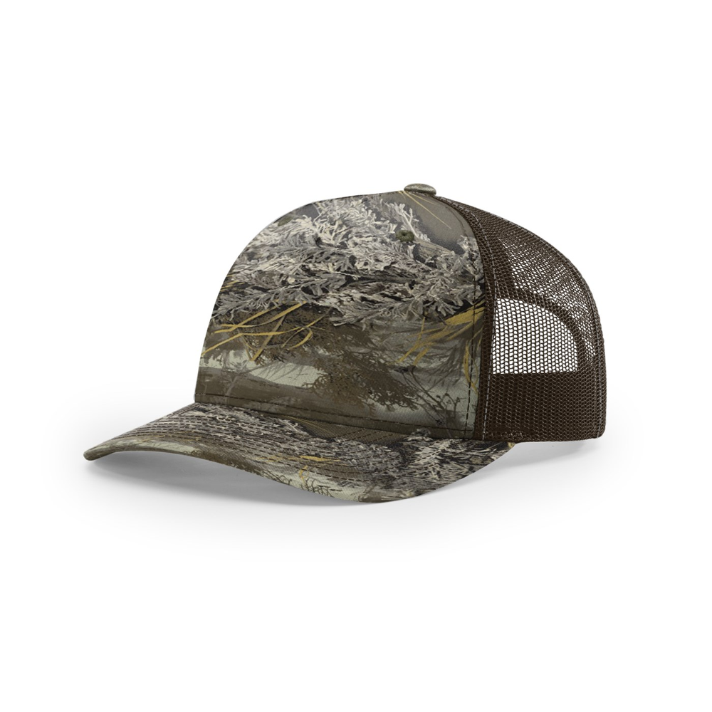 Richardson 112PFP blank hat in Realtree Max 1 XT/Brown — front angled view