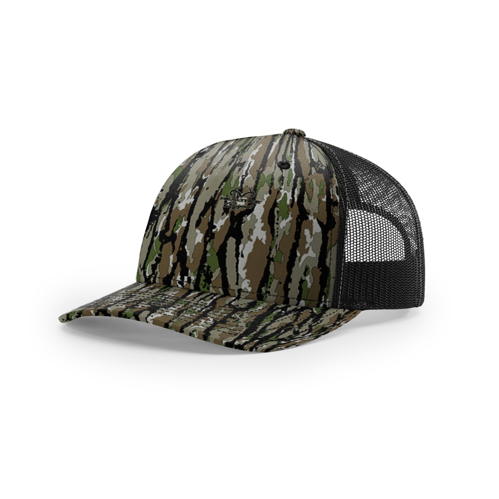 Richardson 112PFP blank hat in Realtree Original/Black — front angled view