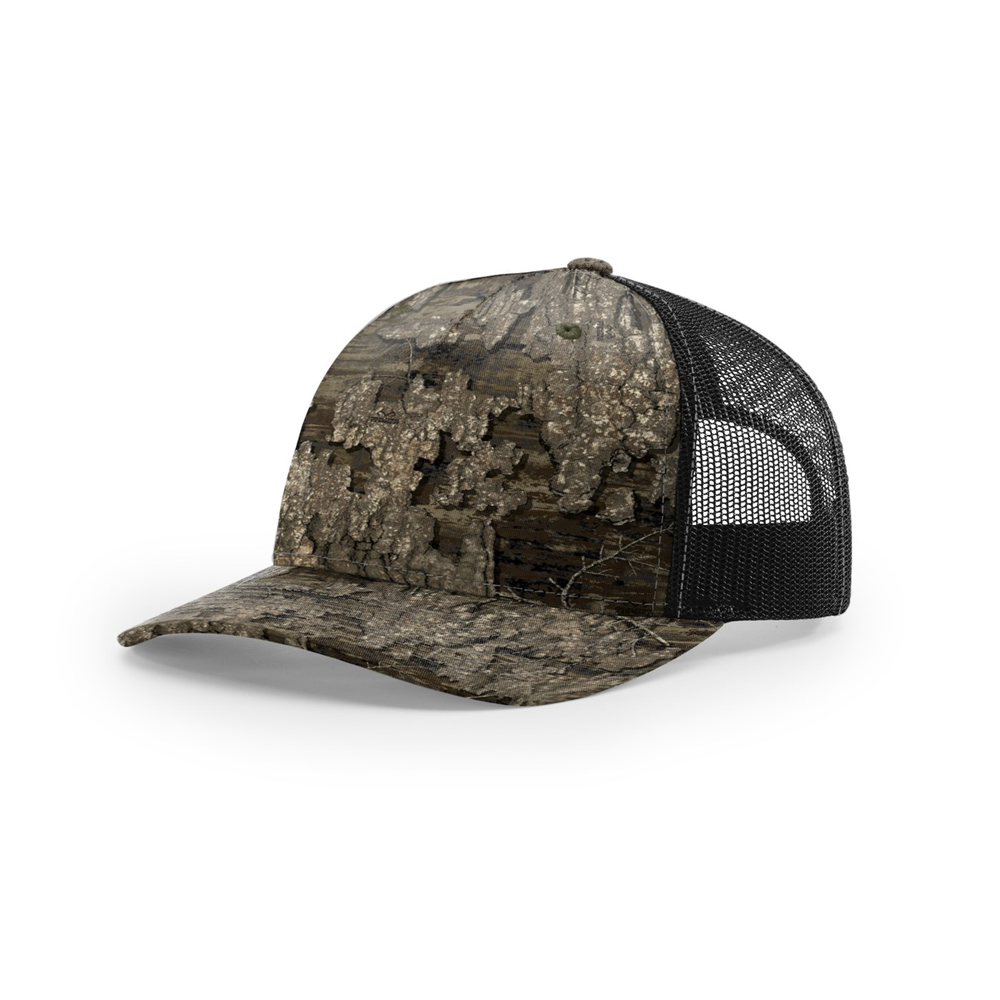 Richardson 112PFP blank hat in Realtree Timber/Black — front angled view