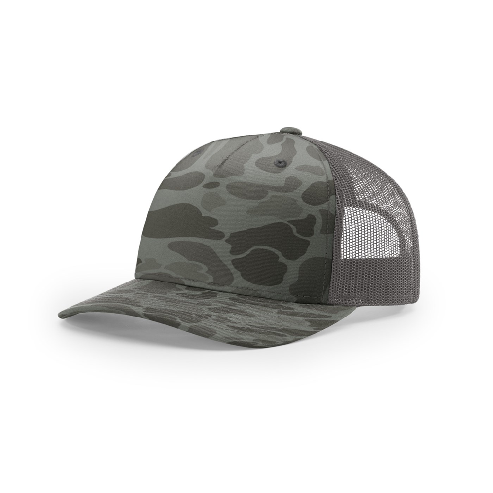 Richardson 112PFP blank hat in Riverstone Duck Camo/Charcoal — front angled view