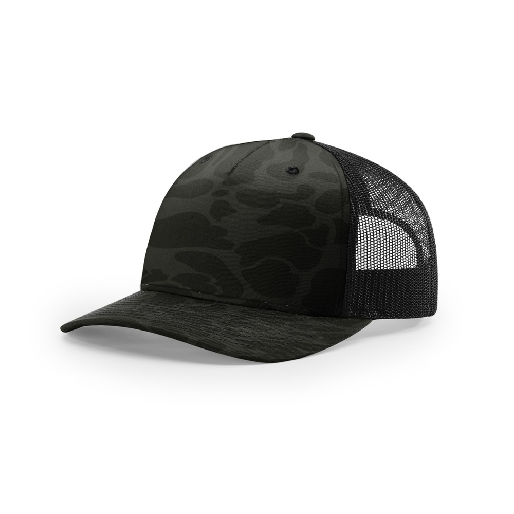 Richardson 112PFP blank hat in Sable Duck Camo/Black — front angled view