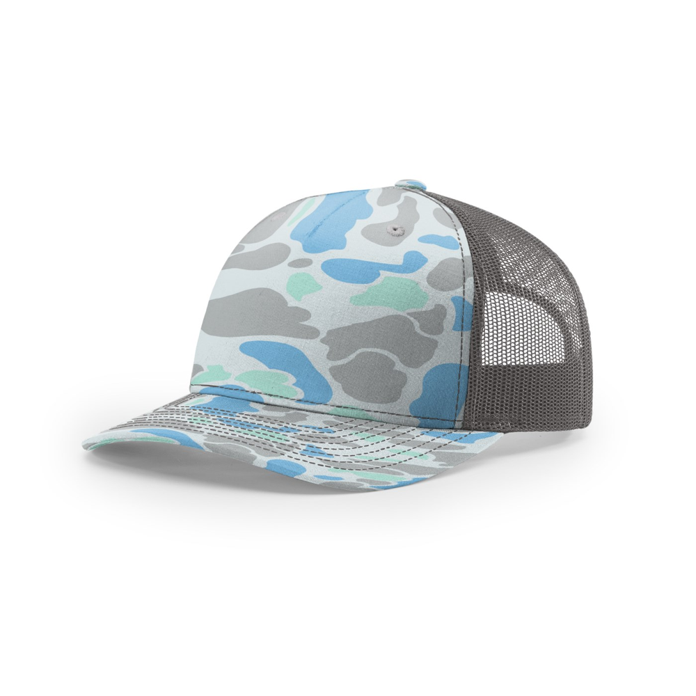 Richardson 112PFP blank hat in Saltwater Duck Camo/Charcoal — front angled view
