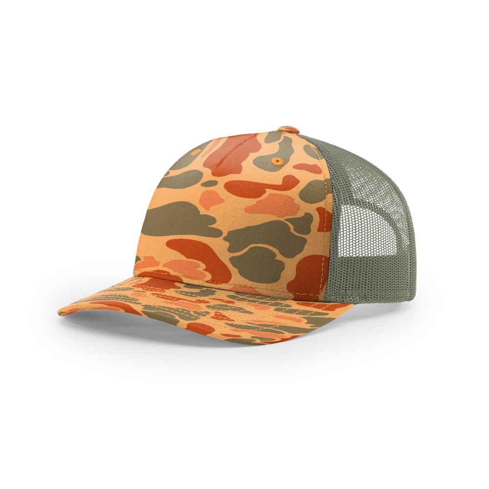 Richardson 112PFP blank hat in Sienna Duck Camo/Loden — front angled view