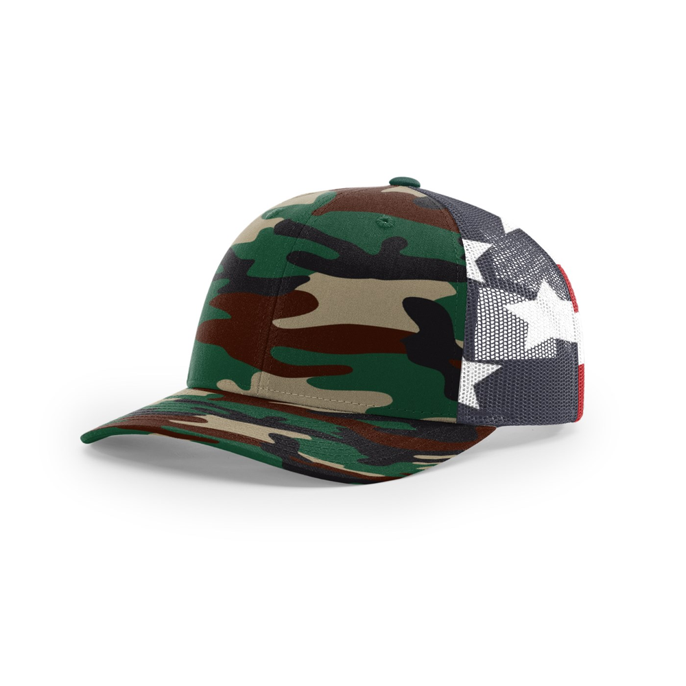 Richardson 112PM blank hat in Green Camo/Stars & Stripes — front angled view