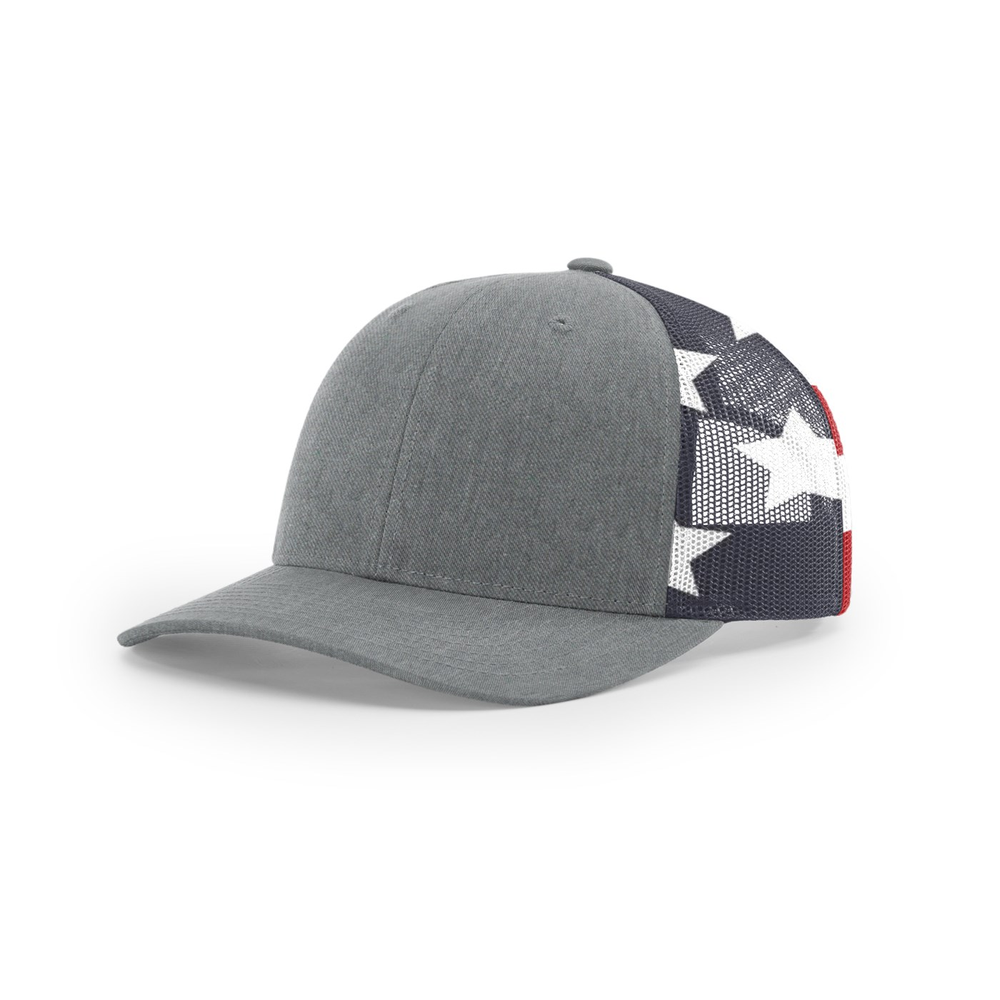 Richardson 112PM blank hat in Heather Grey/Stars & Stripes — front angled view