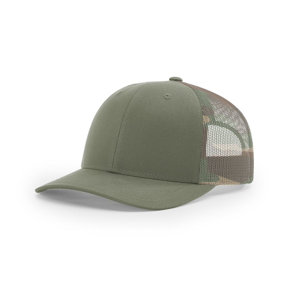 Richardson 112PM blank hat in Loden/Green Camo — front angled view