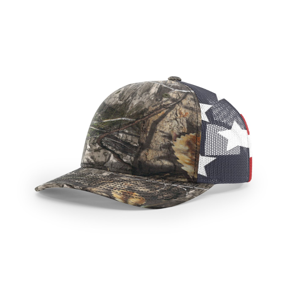 Richardson 112PM blank hat in Mossy Oak Country DNA/Stars & Stripes — front angled view