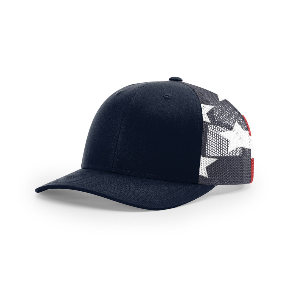 Richardson 112PM blank hat in Navy/Stars & Stripes — front angled view
