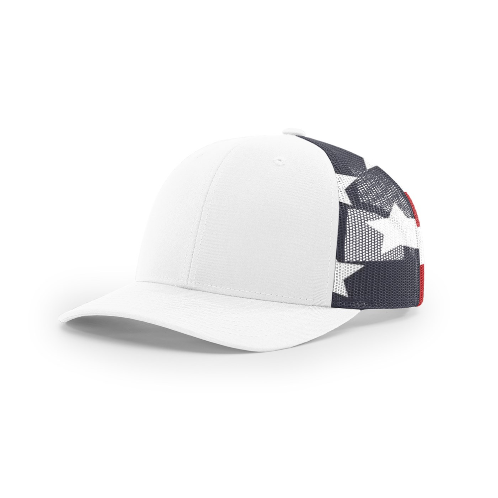 Richardson 112PM blank hat in White/Stars & Stripes — front angled view