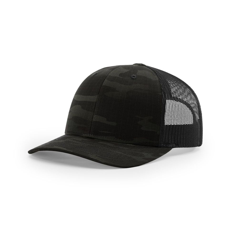 Richardson 112PT blank hat in Multicam Black/Black — front angled view