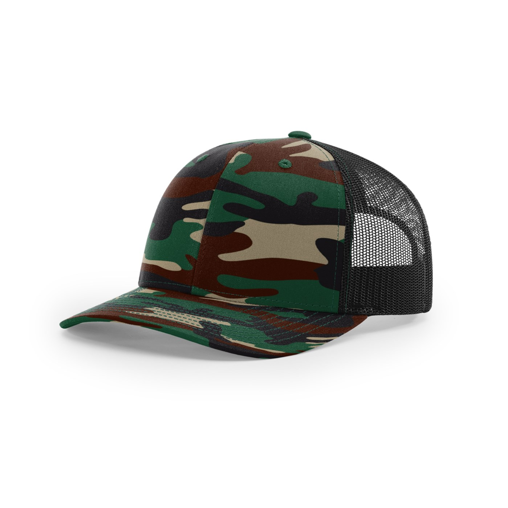 Richardson 112P blank hat in Green Camo/Black — front angled view