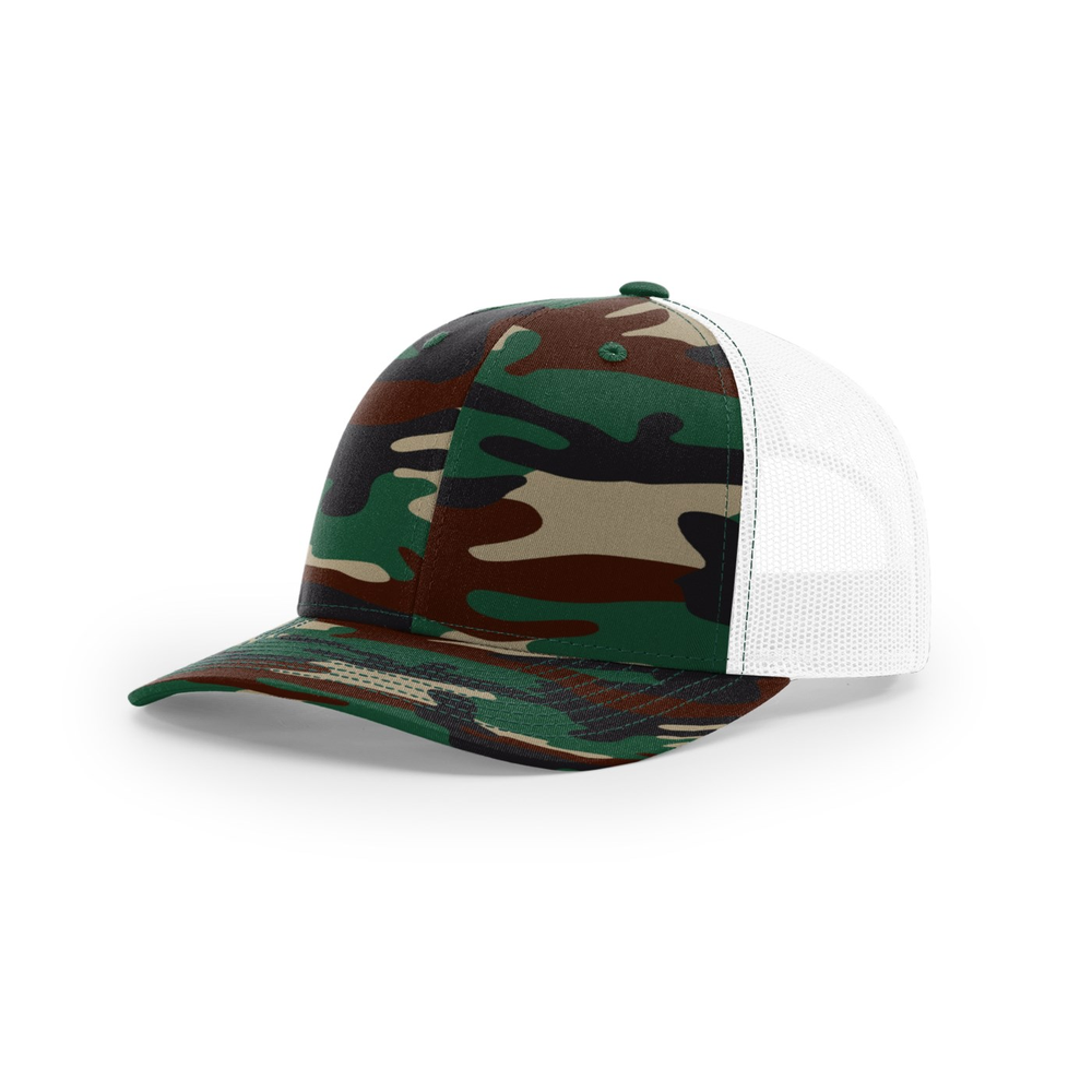 Richardson 112P blank hat in Green Camo/White — front angled view